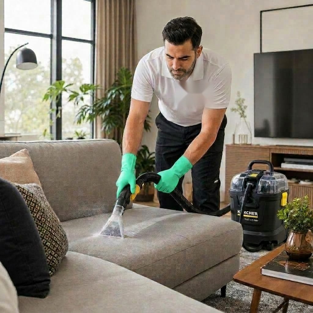 Técnico limpiando en profundidad un sofá con equipos profesionales Kärcher